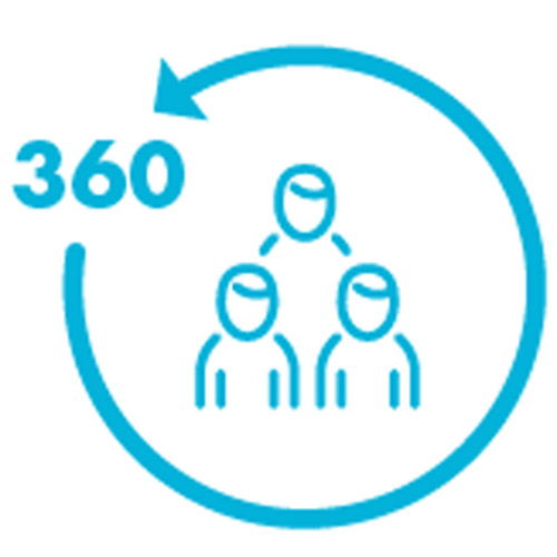 PAX360-Community-Bridge-Building-icon Blue icon of three people with a circle and 360 around it