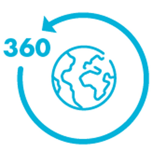 PAX360-Custom-Wellness-Checks-icon Blue globe icon with a circle and 360 around it
