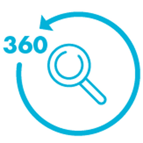PAX360-Investigations-icon Blue magnifying glass icon with a circle and 360 around it