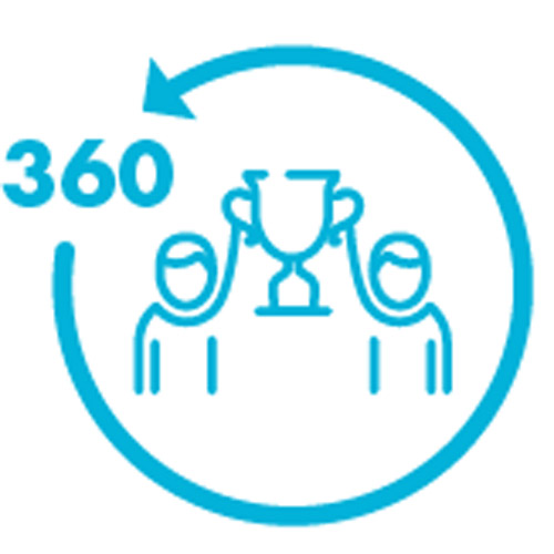 PAX360-Team-Performance-icon Blue icon of two people holding a trophy with a circle and 360 around it